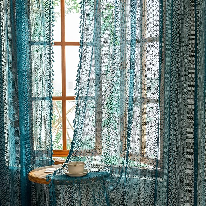 Sutuo Home Teal Boho Lace Curtains 72 inches long for Nursery Bedroom, Sheer Curtains Privacy Crochet Light Filtering Vintage Tassels Bohemian Strips Window Treatments Decor Rod Pocket, 2 Panels 50" W