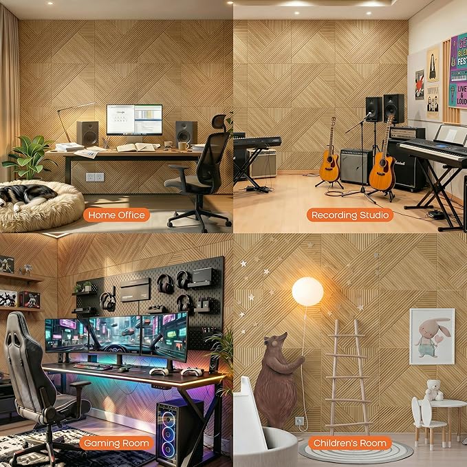 BUBOS 6 Pack Acoustic Wall Panels - High-Density Polyester Sound Absorbing Panels, Decorative Wood Print Treatment for Recording Studio & Home Office, Peel and Stick, 23.6" x 23.6"