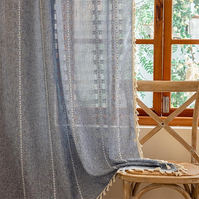 Blue Boho Sheer Curtains 72 inches Long 2 Panels for Bedroom, Light filtering Semi Sheer Bohemian French Country Privacy Tassels Vintage Chic Embroidery Stripes Window Curtains Back Tab, 50" W