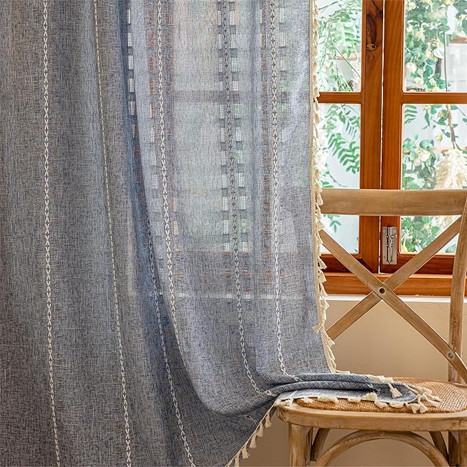 Blue Boho Semi Sheer Curtains 63 inch Length 2 Panel Set for Bedroom & Farmhouse, Bohemian Light Filtering Privacy Drapes Beige Tassels Shabby Chic Embroidery Window Curtains Back Tab & Rod pocket