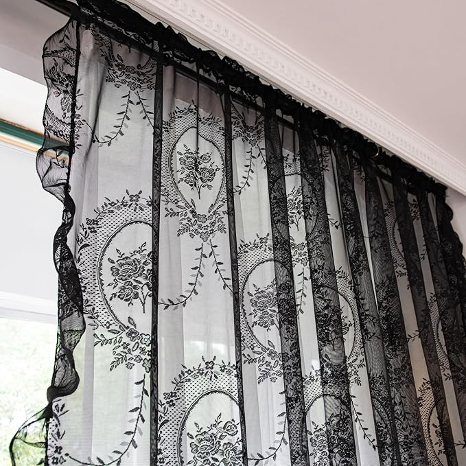 Sutuo Home Black Lace Curtains 84 Inches Long for Bedroom Living Room 2 Panels, Sheer Set Rose Floral Embroidery Ruffled Vintage Window Treatment Pair Gothic Halloween Decor, Rod Pocket, W57 x L84