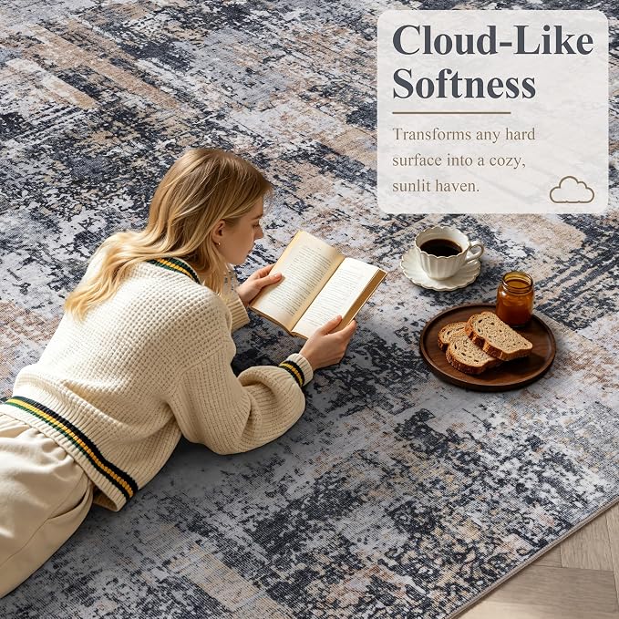 Sasttie 3x5 Area Rug for Entryway, Washable Modern Abstract Small Carpet for Living Room Bedroom Door-mat, Soft Entry Rug with Non-Slip Backing, Black and Cream