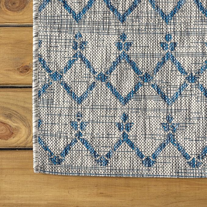 JONATHAN Y Moroccan Geometric Indoor Outdoor Round Area Rug 5 Ft Light Gray/Navy, Ourika Textured Weave for Backyard, Patio, Porch, Easy-Cleaning, High Traffic, Pet-Friendly, Non-Shedding SMB108A-5R