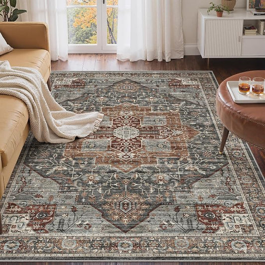Roxstand 3x5 Area Rug - Washable Kitchen Rugs Non Slip,Soft Low Pile Small Rug for Entryway, Stain Resistant Vintage Area Rugs for Home Decor(Grey/Brown/Tan, 3'x5')