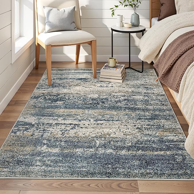 Art&Tuft Washable Rug 4x6, Anti-Slip Backing Abstract 4x6 Rug, Stain Resistant Rugs for Living Room, Foldable Machine Washable Area Rug (4'x6', Navy)
