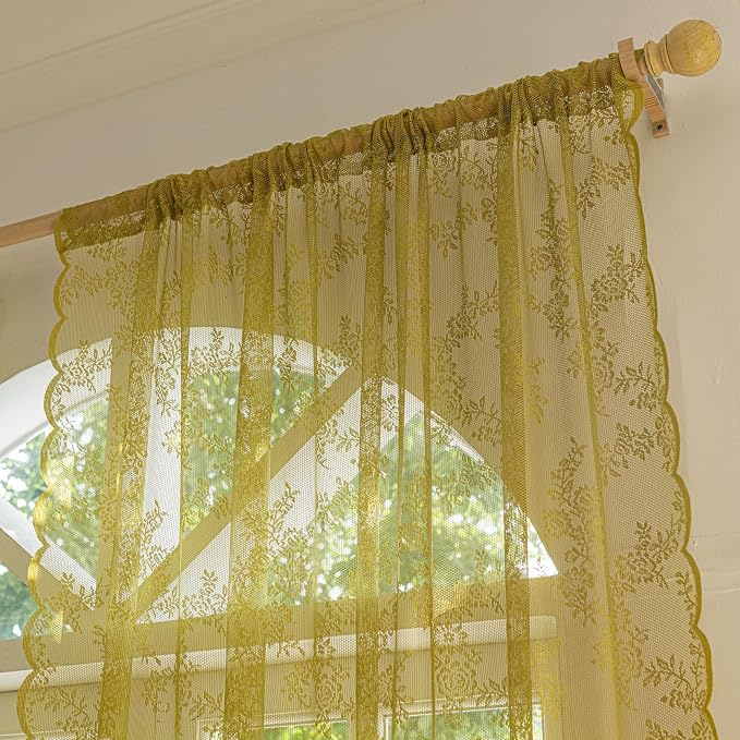Sutuo Home Sage Green Lace Curtains 84 Inches Long for Bedroom Living Room 2 Panels Set, Boho Sheer Floral Embroidery Ruffled French Vintage Window Treatment Pair Doorway Decor Rod Pocket, W57 x L84