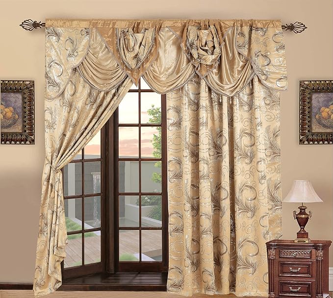 GLORY RUGS Jacquard Luxury Window 2 Panel Set Taupe Curtain with Attached Valance and Backing Bedroom Living Room Dining 2 Curtains 55x84 inches Each Jana
