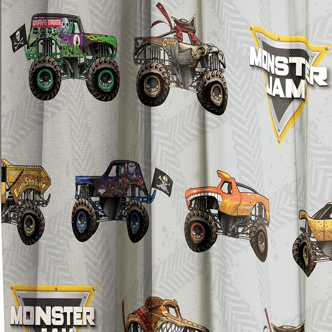 Jay Franco Window Curtains for Kids Bedroom 4-Piece Drape Set with 2 Tiebacks, Grey - Monster Jam, 42" W x 84" L (Pack of 2)