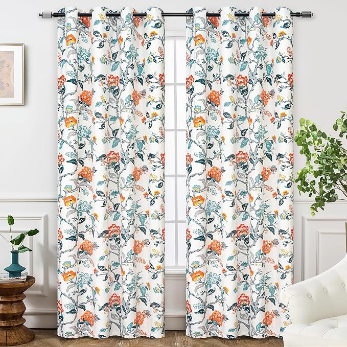 DriftAway Ada Floral Botanical Print Flower Leaf Lined Thermal Insulated Room Darkening Blackout Window Curtains 2 Layers Set of 2 Panels Each 52 Inch by 102 Inch Ivory Orange Teal