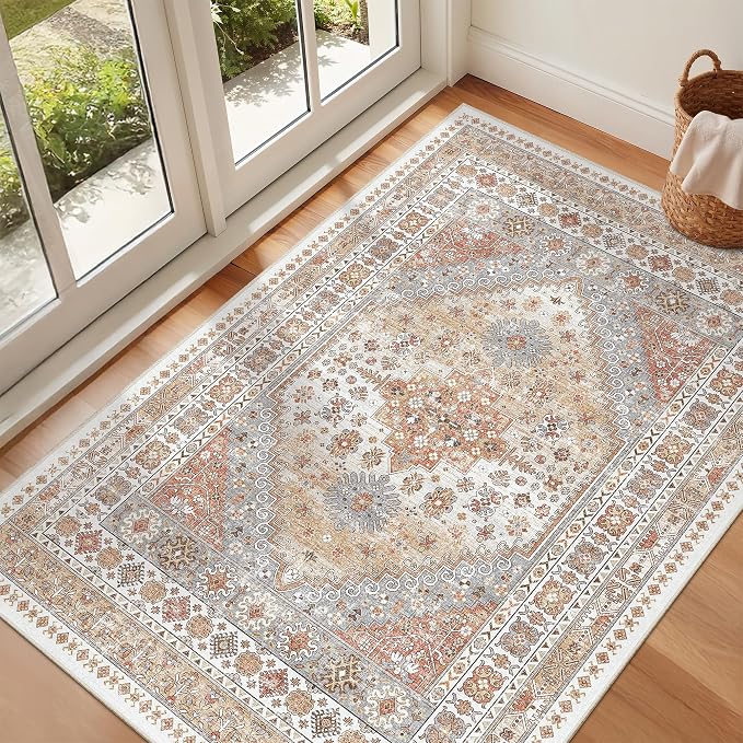 zesthome 3x4 Washable Area Rug for Entryway, Soft Kitchen Rugs Non Slip for Dining Room, Vintage Abstract Living Room Rug, Thin Area Rugs Indoor for Bedroom, Kids Room Decor(Orange,3'x4')