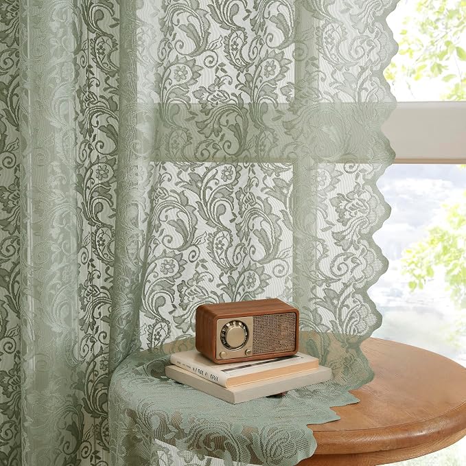 Bujasso Sage Green Lace Sheer Curtains for Bedroom Living Room Vintage Floral Embroidered Window Drapes 63 inch Length with Scalloped Edge,Light Filtering&Privacy,Grommet Top 2 Panels 52Wx63L