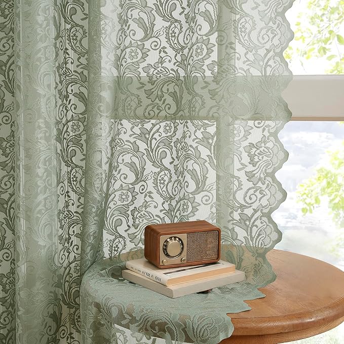 Bujasso Sage Green Lace Sheer Curtains for Bedroom Living Room Vintage Floral Embroidered Window Drapes with Scalloped Edge,Light Filtering&Privacy,Grommet Top 2 Panels 52Wx90L Inches