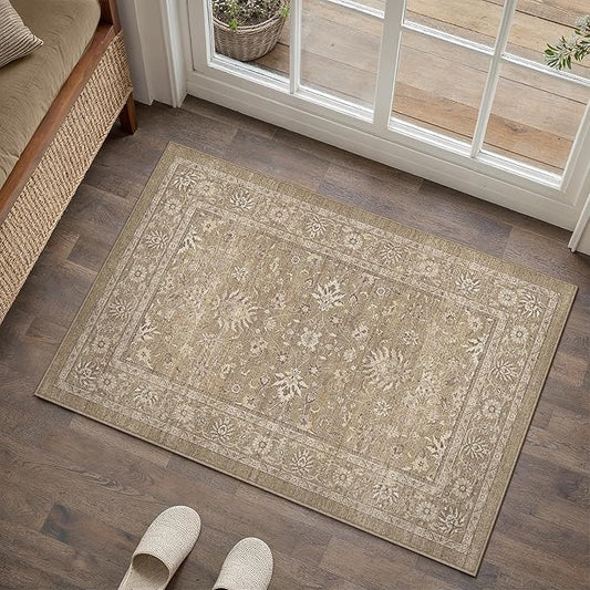 PureCozy 2x3 Area Rug Brown Washable Entryway Vintage Carpet Door Mat Small Non Slip Stain Soft Resistant Low Pile Thin Boho Accent Indoor Throw Rug for Kitchen Bathroom Entrance Bedroom