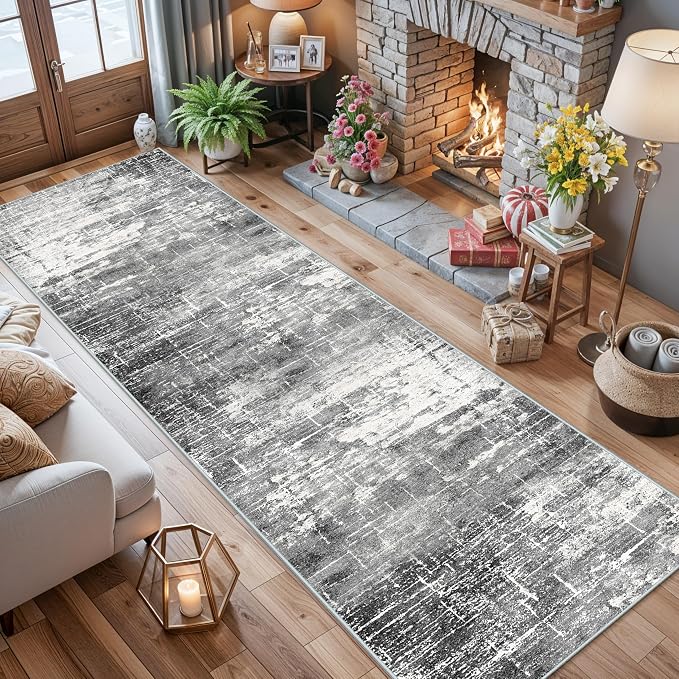 Washable 12ft Kitchen Area Rug: Abstract Entryway Rug Runner Soft Bedroom Besides Floor Mat Non-Slip Indoor Carpet for Bathroom Living Room Stain Resistant Runner for Family(2'6x12,Black/Grey)