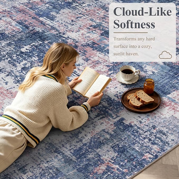 Sasttie 4ft Soft Round Area Rug, Modern Abstract Washable Circle Carpet for Living Room, Bedroom, Dining Room Table, with Non-Slip Backing, Pink and Blue