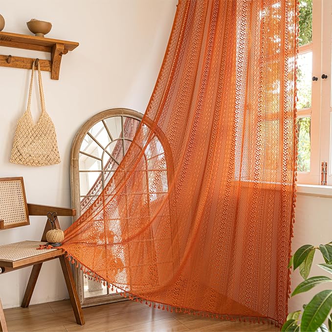 Sutuo Home Boho Curtains 72 inches Long for Bedroom Living Room, Crochet Country Lace Sheer Bohemian Hollow Knitted with Tassels,Window Treatment Drapes, Rod Pocket 1 Panel 59" W x 72" L,Burnt Orange