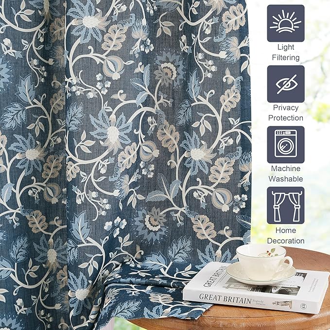 Vision Home Navy Floral Pinch Pleat Light Filtering Curtains, Linen Pleated Drapes with Microfiber Liner & Back Tab Hooks for Living Room Bedroom, Vine Botanical Print Panels 40x102 Inch Set of 2