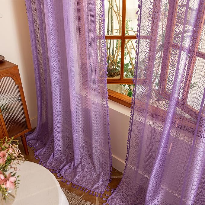 Sutuo Home Lavendar Boho Curtains 84 inches Long for Bedroom Living Room, Purple Lace Sheer Curtains Crochet Bohemian Privacy Farmhouse Vintage Tassels Rustic Chic Decor Rod Pocket, 2 Panels 50" W