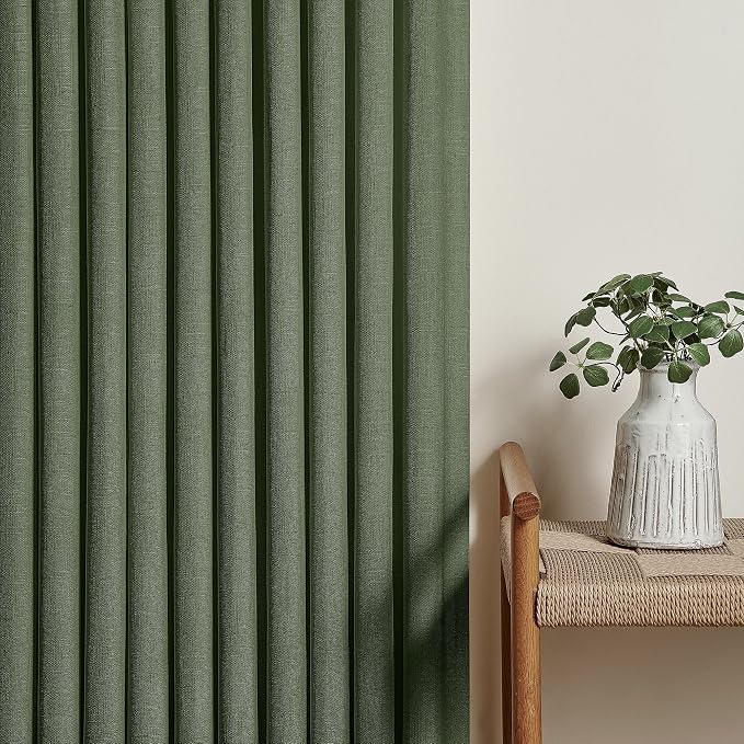 TWODRAPES Loden 120 Inch Long Curtains Extra Long Olive Green Linen Pinch Pleated Curtains 2 Panels for Living Room Bedroom Thick Linen Pleated Hooks Rings Back Tab 120 Inch Drapes for Large Window