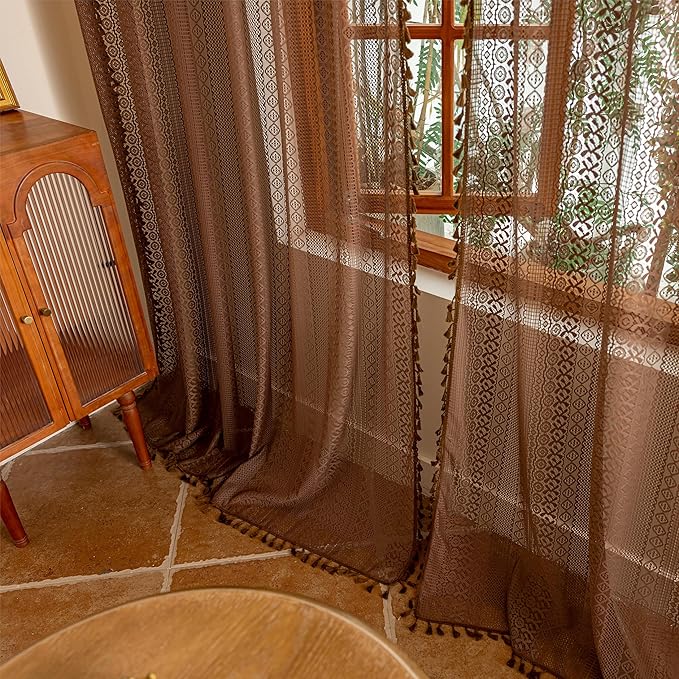 Sutuo Home Caramel Boho Curtains 2 Panels, Sheer Lace Curtains 90 Inches Long for Bedroom Kitchen Bohemian Crochet Vintage Tassels Window Treatments Rustic Geometry Rod Pocket, 50" x 90" Dark Coffee