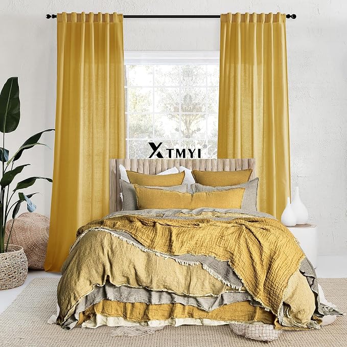 XTMYI Yellow Curtains 96 Inches Long for Living Room,Colorful Bright Mustard Mid Century Modern Decor,Linen Sheer Bohemian MCM Curtains for Bedroom 2 Panel Set,Dark Ocher