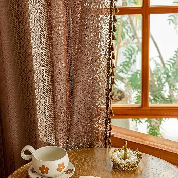 Sutuo Home Dark Coffee Boho Lace Curtains 72 inches Long for Nursery Bedroom, Sheer Curtains Light Filtering Caramel Privacy Vintage Chic Tassels Bohemian Window Treatments Rod Pocket, 2 Panels 50" W