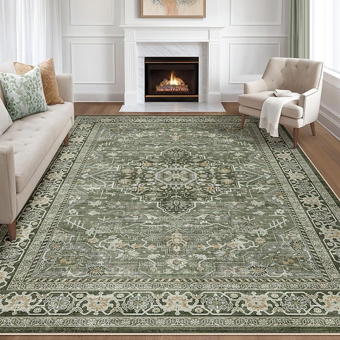 6x8 Area Rug Living Room: Washable Boho Large Neutral Vintage Soft Rugs Stain Resistant Farmhouse Non Slip Indoor Floor Carpet for Bedroom Nursery Kids Playroom Office Dining Room Home- Dark Green