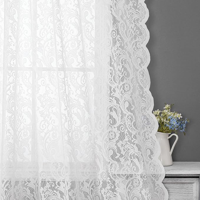 Bujasso White Lace Curtain 216 inches Long for Living Room Bedroom Vintage Floral Extra Long Window Scarf Valance 1 Panel 52" Wx216 L