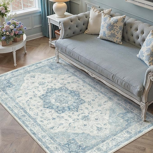 PureCozy Blue Area Rug 3x5 Washable Vintage Carpet for Entryway Office Soft Retro Kitchen Low Pile Thin Door Mat Non Slip Oriental Medallion Throw Rug for Bathroom Bedroom Dining Living Room