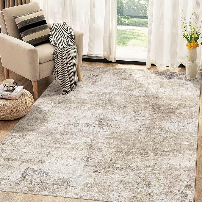 Abstract 5x7 Area Rug: Machine Washable Non Slip Ultra Thin Low-Pile Carpet, Soft Stain Resistant for Living Room Bedroom Nursery, Kid Pet Friendly, Robot Vacuum Compatible - Brown