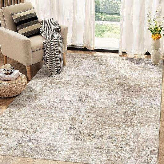 Abstract 5x7 Area Rug: Machine Washable Non Slip Ultra Thin Low-Pile Carpet, Soft Stain Resistant for Living Room Bedroom Nursery, Kid Pet Friendly, Robot Vacuum Compatible - Brown