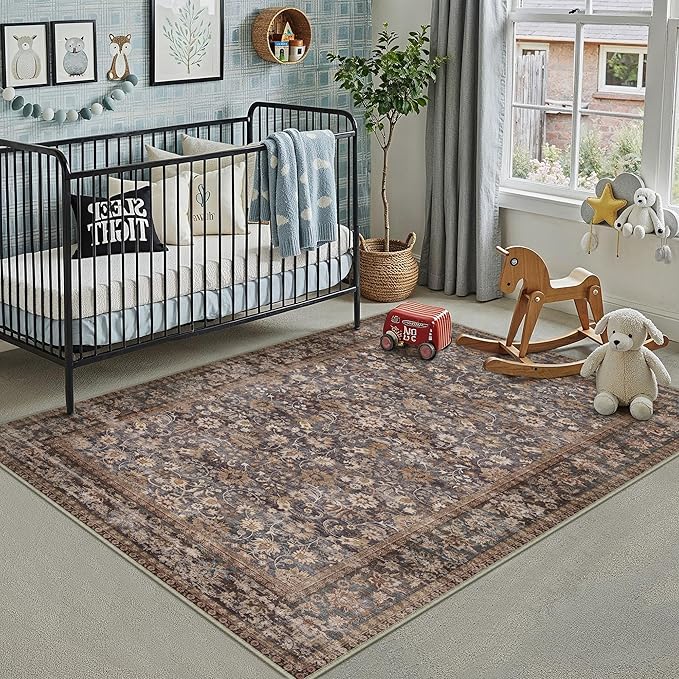 HUGEAR 4x6 Machine Washable Rugs Tradition Brown Hallway Area Rug Indoor Accent Rug Floral Low Pile Carpet Soft Throw Rug Bedroom Living Room Office Dining Room Kitchen Laundry Room Non Slip
