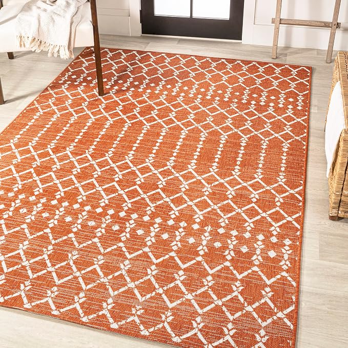 JONATHAN Y Moroccan Geometric Indoor Outdoor Area Rug 9X12 Orange/Cream, Ourika Textured Weave for Backyard, Patio, Porch, Easy-Cleaning, High Traffic, Pet-Friendly, Non-Shedding (SMB108P-9)