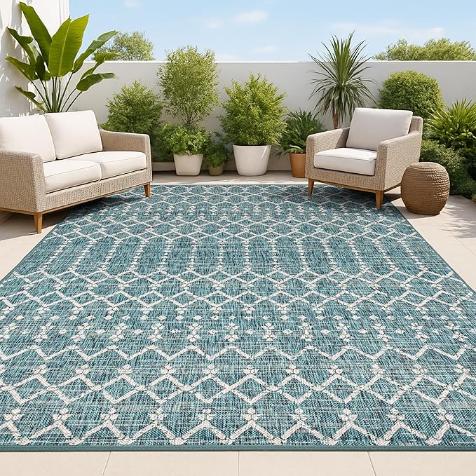 JONATHAN Y Moroccan Geometric Indoor Outdoor Area Rug 6X9 Teal/Gray, Ourika Textured Weave for Backyard, Patio, Porch, Easy-Cleaning, High Traffic, Pet-Friendly, Non-Shedding (SMB108C-6)