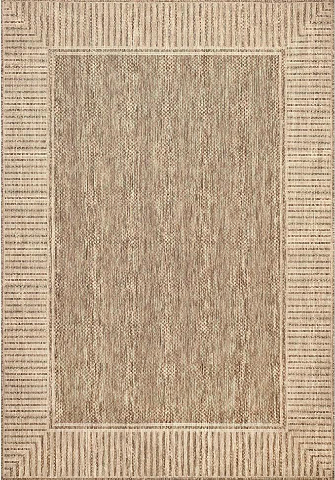 Nuloom Asha Light Brown/Ivory, 6'7" x 9', Casual, Striped Border, Soft and Cozy, High Traffic, Easy Clean, Durable Area Rug for Indoor/Outdoor Patio, Deck, Porch, Garden, Courtyard