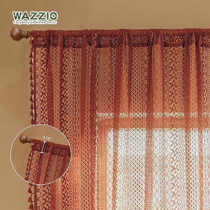 WAZZIO Burnt Orange Curtains Sheer 45 Inch Length Bedroom Short Small Cafe Rod Pocket Vintage Fall Privacy Let Light in Cotton Lace Boho 2 Panel, Terracotta