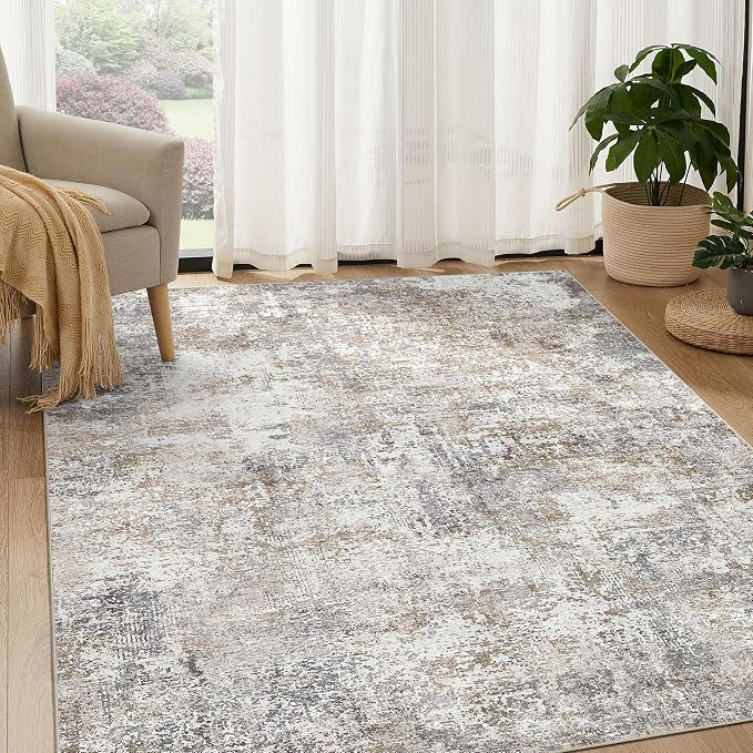 DMOYEST Area Rug Living Room Rugs - 5x7 Abstract Large Soft Indoor Washable Rug Neutral Modern Low Pile Carpet for Bedroom Dining Room Farmhouse Home Office - Brown/Grey/Black