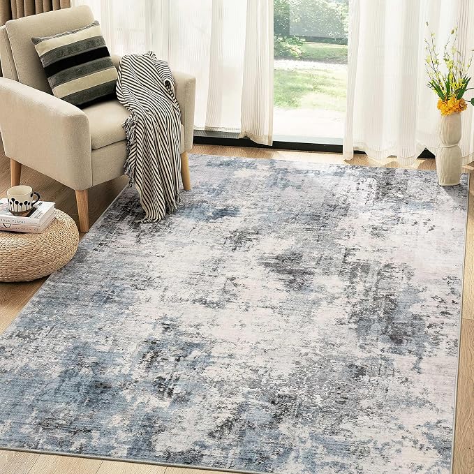 Abstract 5x7 Area Rug: Machine Washable Non Slip Ultra Thin Low-Pile Carpet, Soft Stain Resistant for Living Room Bedroom Nursery, Kid Pet Friendly, Robot Vacuum Compatible - Grey Blue