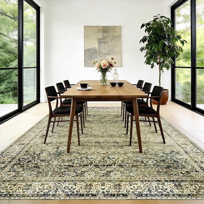 Large Boho Area Rugs 8x10 for Living Room,Low Pile Stain Resistant Neutral Vintage Distressed Style Machine Washable Rugs Carpet for Bedroom Dining Room,Olive Green and Cream