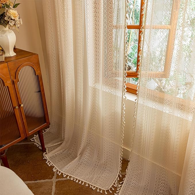 Sutuo Home Beige Boho Curtains 2 Panels for Living Room Dining Room, Semi Sheer Lace Curtains Privacy Vintage Chic Tassels Rustic Bohemian Style French Country Rod Pocket Cottagecore Decor, 50" x 90"
