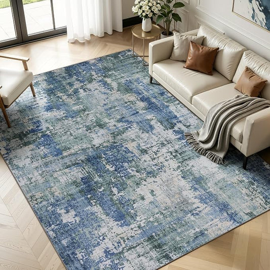 Sasttie 9x12 Soft Area Rug for Living Room, Modern Abstract Washable Large Carpet for Bedroom, with Non-Slip Backing, Blue and Green