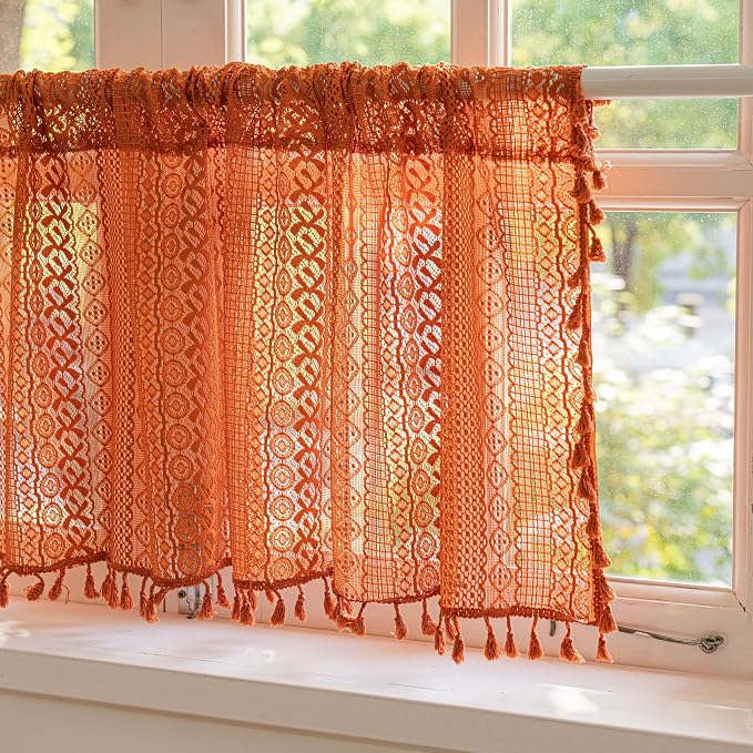 Sutuo Home Terracotta Boho Valance Short Curtains Crochet Lace Sheer Bohemian Hollow Knitted with Tassels, Privacy Vintage Rustic Farmhouse Drapes for Kitchen, Rod Pocket 1 Panel 59" W x 36" L, Orange