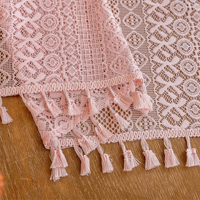 Sutuo Home Boho Lace Curtains for Girls' Room Nursery, Bohemian Vintage Chic Crochet Farmhouse Semi Sheer Geometry Fringes Window Treatment Cottage Drapes, Rod Pocket 1 Panel 59" W x 63" L Light Pink