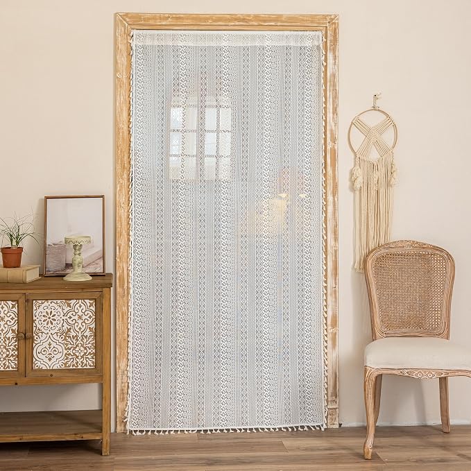 Sutuo Home White Boho Lace Sheer Door Curtain for Doorway, Bohemian Doorway Curtain for Front Door Hallway Crochet Vintage Chic Tassels Privacy Temporary Room Divider Rod Pocket,1 Panel 37" x 80"
