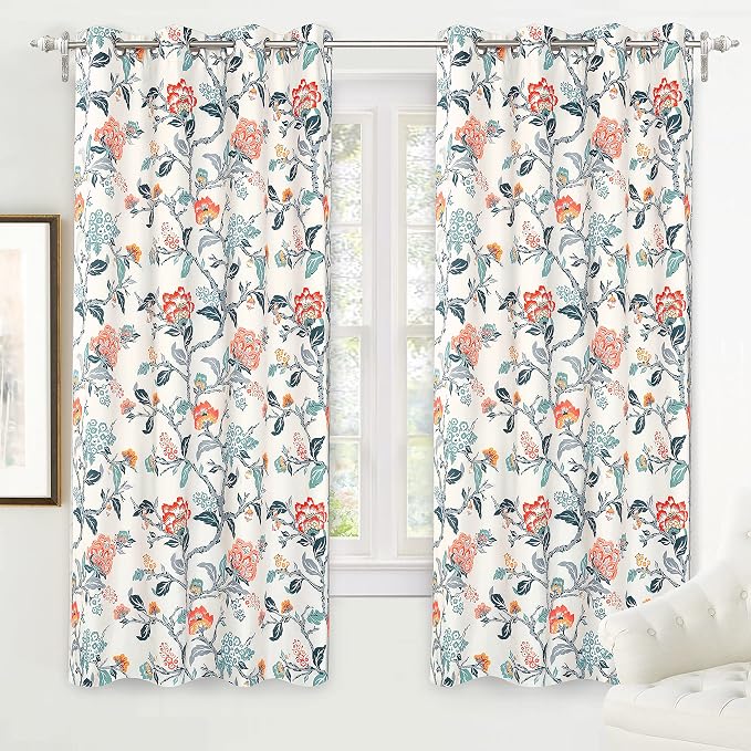 DriftAway Ada Floral Botanical Print Flower Leaf Lined Thermal Insulated Room Darkening Blackout Window Curtains 2 Layers Set of 2 Panels Each 52 Inch by 72 Inch Ivory Orange Teal