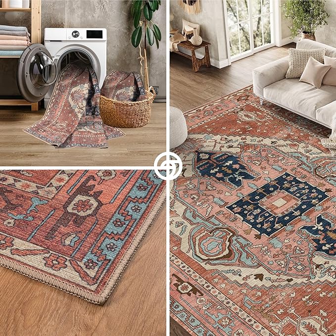 Brick Color Oushak Large Area Rug 8x10 - Washable Boho Rug Vintage Turkish Non-Slip Carpet Non-Shedding Extra Large Area Rugs for Living Room, Dining, Bedroom, Lounge, Farmhouse