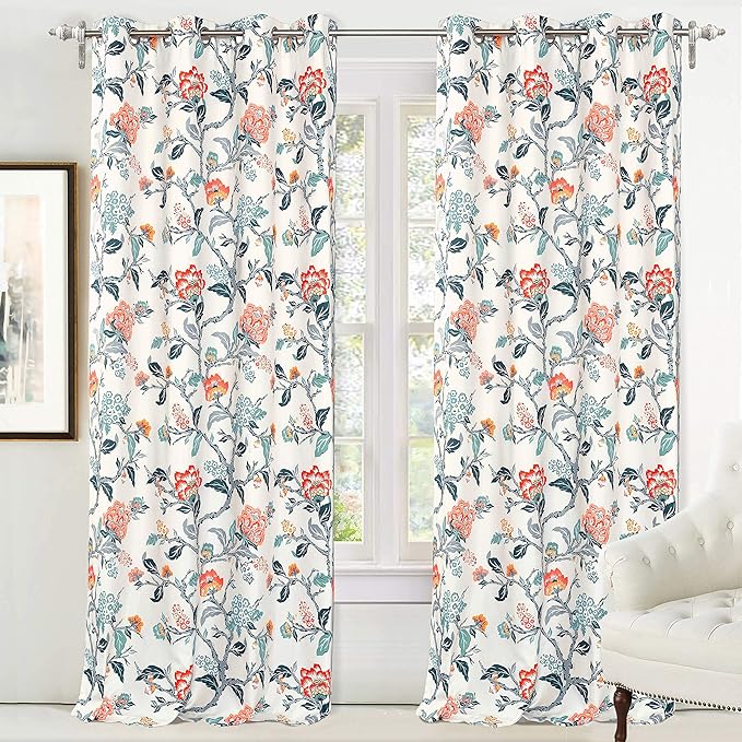 DriftAway Ada Floral Botanical Print Flower Leaf Lined Thermal Insulated Room Darkening Blackout Window Curtains 2 Layers Set of 2 Panels Each 52 Inch by 96 Inch Ivory Orange Teal