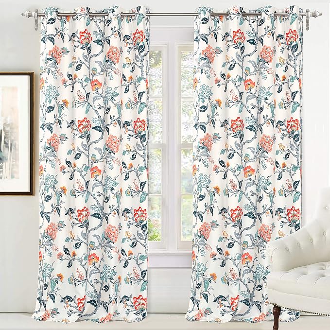 DriftAway Ada Floral Thermal Insulated Double Layer Room Darkening Blackout Curtains Botanical Leaf Flower Printed Patterned Drapes Lined Set of 2 Panels Each 52 Inch by 84 Inch Ivory Orange Teal