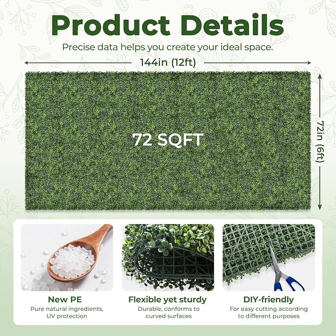 Artificial 72x144 in (72 Sqft) Boxwood Grass Wall Backdrop Roll | UV-Anti Faux Green Leaf Privacy Fence, Garden/Backyard/Patio/Balcony/Party Greenery Hedge Backdrop, Indoor Outdoor Decor
