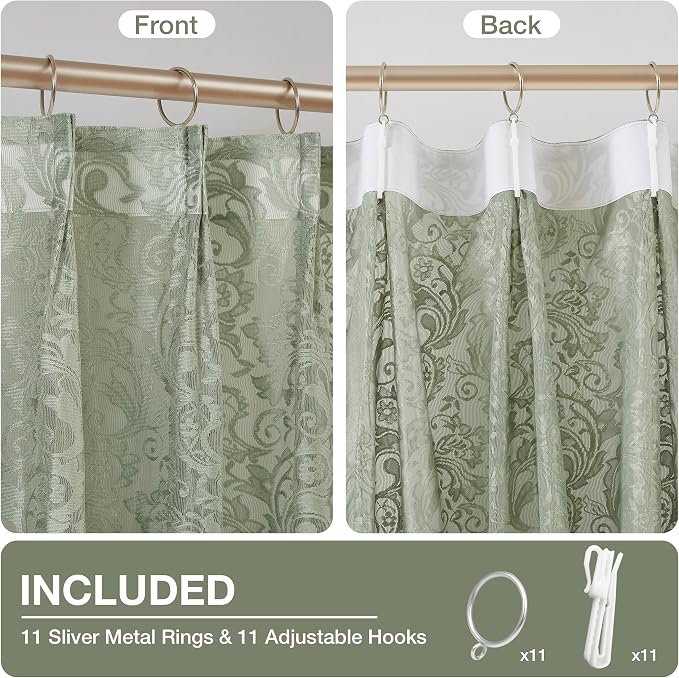 Bujasso Sage Green Lace Pinch Pleat Curtains 102 inch,Vintage Floral Sheer Drapes with Hooks & Rings,Baroque Damask Scalloped Edge Light Filtering Window Panels for Bedroom Living Room, 40" Wx102 Lx2